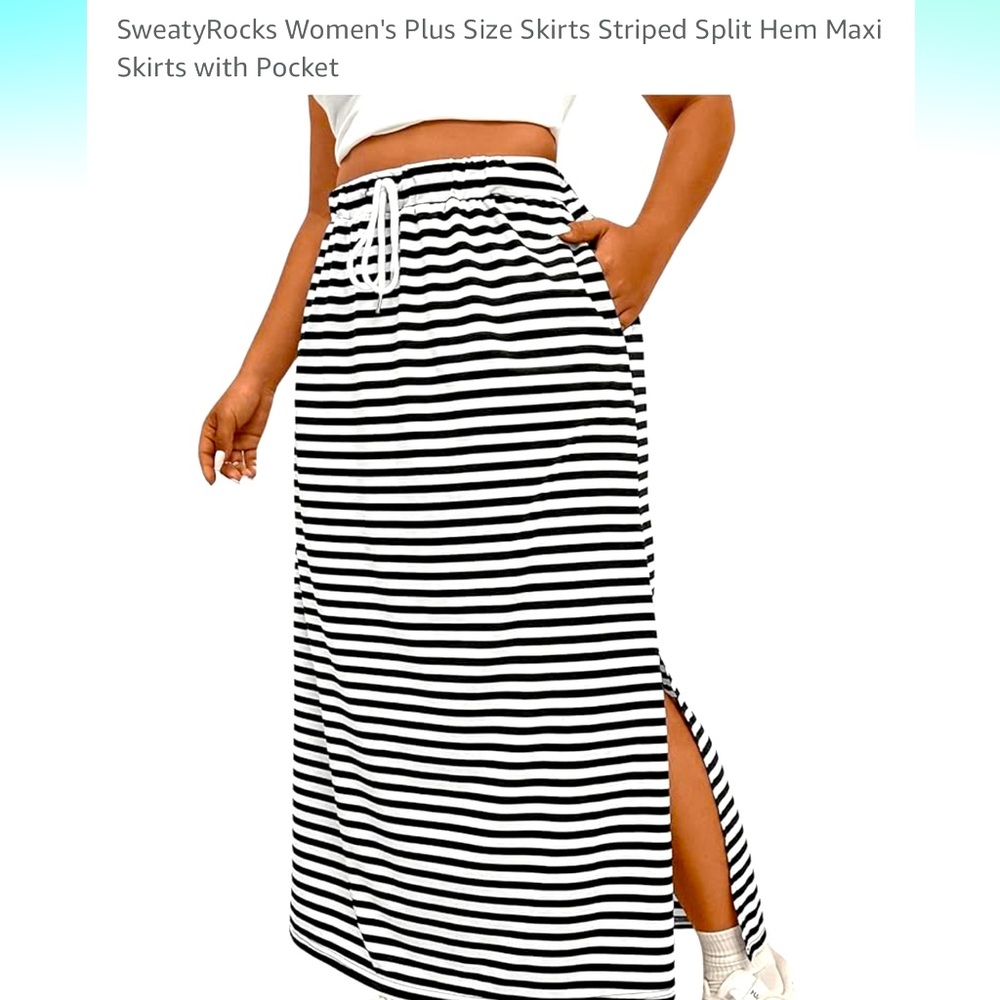 Ladies b&w striped plus size XXL maxi skirt with split hem and 2 side pockets